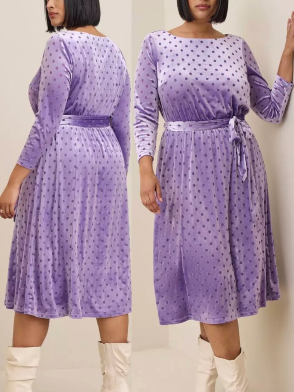TORRID 2 Plus Size Midi Burnout Velvet Boatneck Dress Purple Polka Dot 3/4 Party
